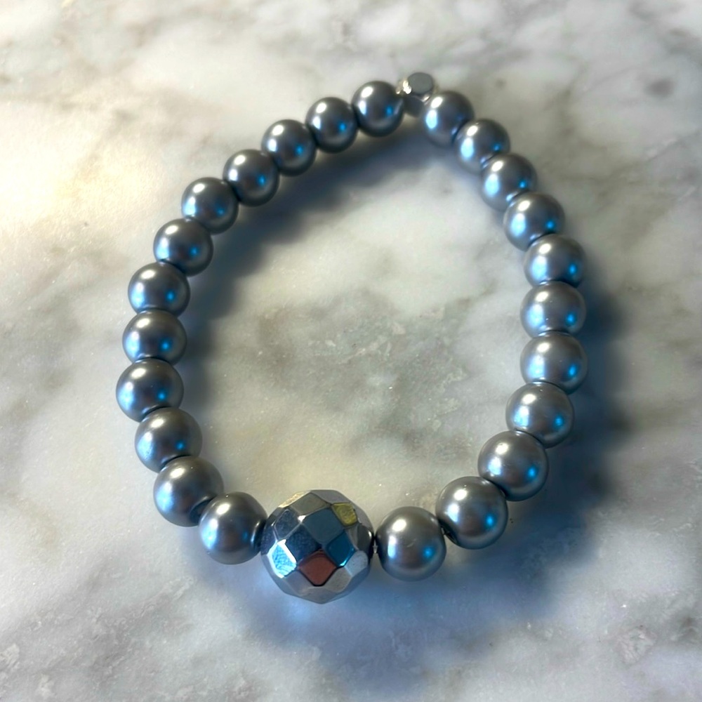 Silver Hematite & silver pearl beads